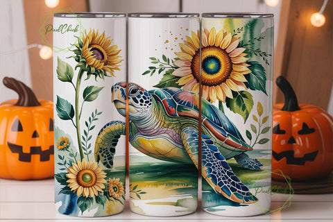 Watercolor Turtle Sunflowers Tumbler Sublimation PixelChick 