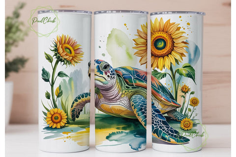 Watercolor Turtle Sunflowers Tumbler Sublimation PixelChick 