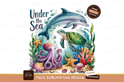 Watercolor Undersea World With Dolphin Turtle Sublimation Designangry 