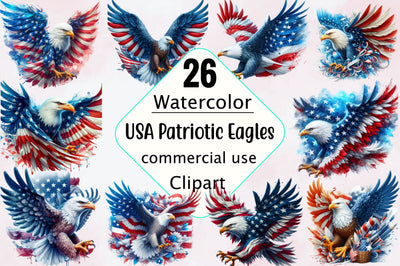 Watercolor USA Patriotic Eagles Clipart Bundle Sublimation SVGArt 