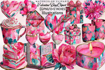 Watercolor Valentine Day Clipart Bundle. Sublimation SVGArt 