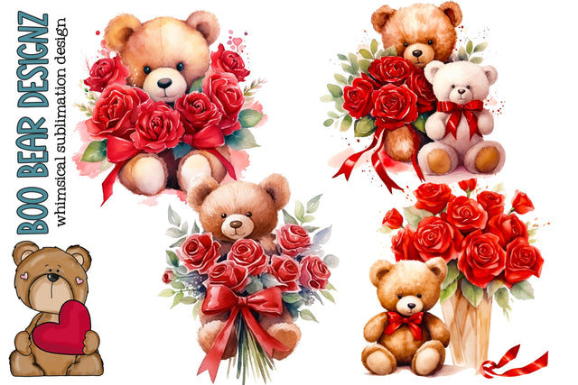 Watercolor Valentine Teddy Bear Clipart Sublimation Boo Bear Designz 