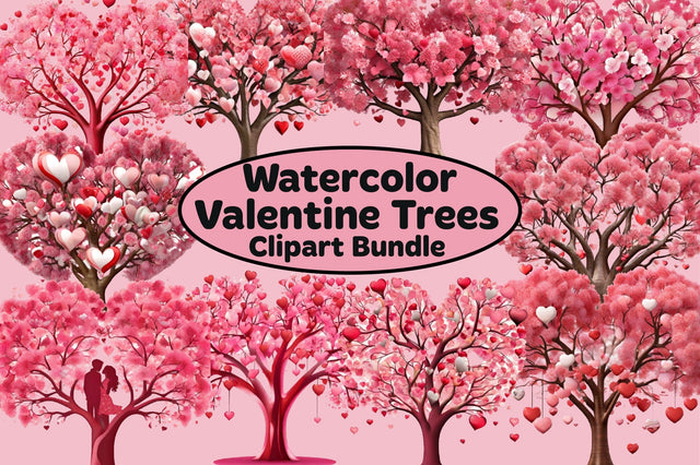 Watercolor Valentine Trees Clipart Bundle Sublimation SVGArt 