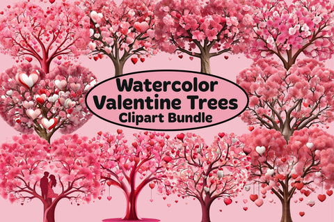Watercolor Valentine Trees Clipart Bundle Sublimation SVGArt 