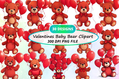 Watercolor Valentines Baby Bear Collection Clipart Bundle Sublimation Regulrcrative 