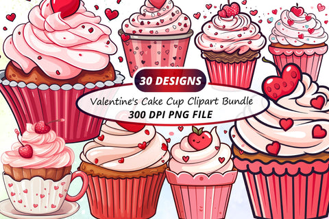 Watercolor Valentine's Cake Cup Clipart Bundle Sublimation Regulrcrative 