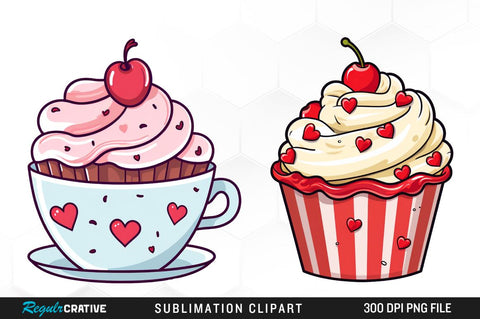 Watercolor Valentine's Cake Cup Clipart Bundle Sublimation Regulrcrative 