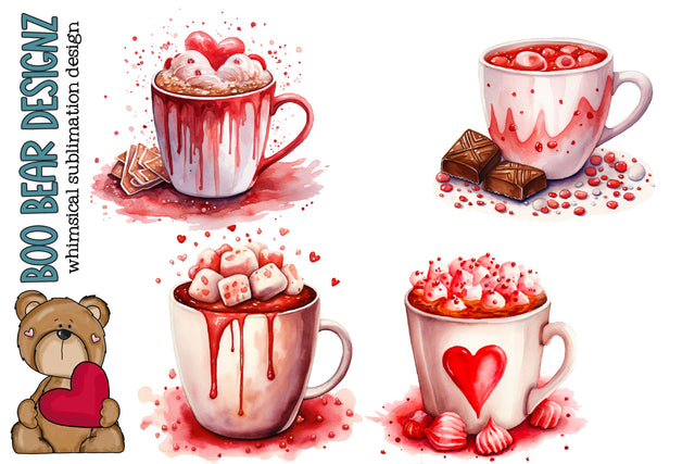 Watercolor Valentines Day Hot Cocoa Clipart Sublimation Boo Bear Designz 