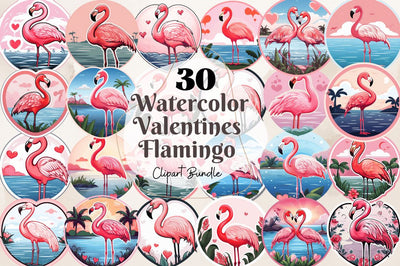 Watercolor Valentines Flamingo Clipart Bundle Sublimation Regulrcrative 