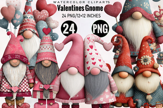 Watercolor Valentines Gnome Clipart Bundle. Sublimation SVGArt 