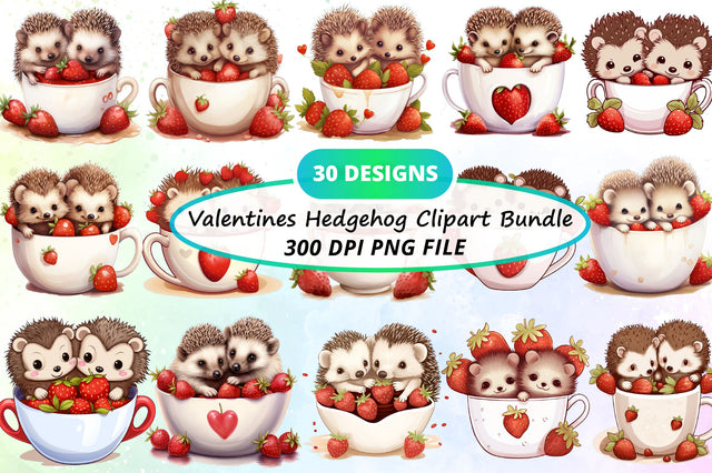 Watercolor Valentines Hedgehog Collection Clipart Bundle Sublimation Regulrcrative 