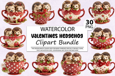 Watercolor Valentines Hedgehog Collection Clipart Bundle Sublimation Regulrcrative 