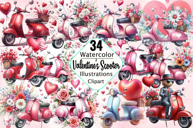 Watercolor Valentine’s Scooter Clipart Sublimation SVGArt 
