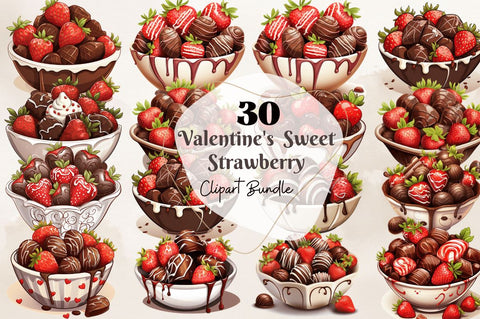 Watercolor Valentines Sweet Strawberry Clipart Bundle Sublimation Regulrcrative 