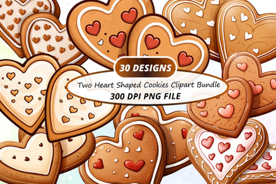 Watercolor Valentines Two Heart Shaped Cookies Clipart Bundle Sublimation Regulrcrative 