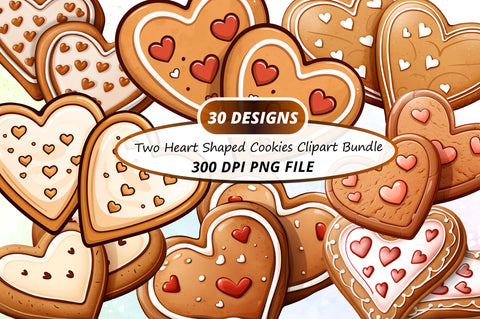 Watercolor Valentines Two Heart Shaped Cookies Clipart Bundle Sublimation Regulrcrative 