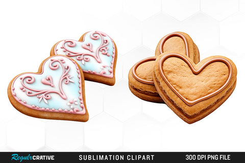 Watercolor Valentines Two Heart Shaped Cookies Clipart Bundle Sublimation Regulrcrative 