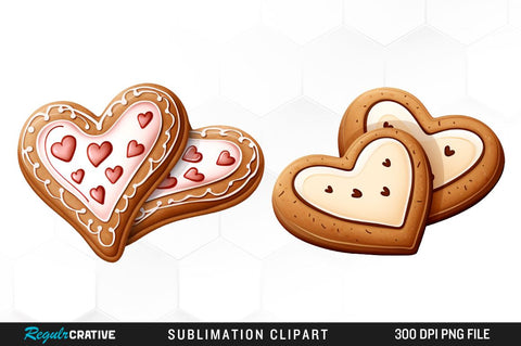 Watercolor Valentines Two Heart Shaped Cookies Clipart Bundle Sublimation Regulrcrative 