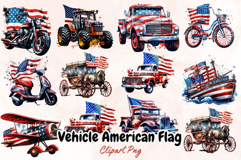 Watercolor Vehicle American Flag for 4th of July Clipart Bundle Sublimation Designangry 