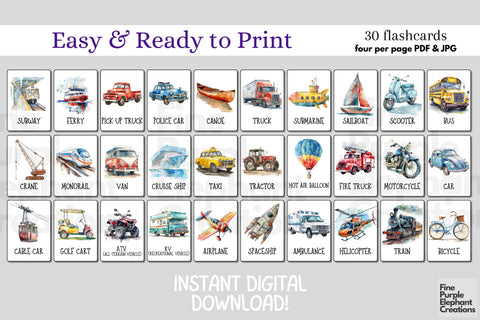 Watercolor Vehicle Transportation Flashcards | Preschool Montessori Cards Digital Pattern Fine Purple Elephant Creations 