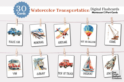 Watercolor Vehicle Transportation Flashcards | Preschool Montessori Cards Digital Pattern Fine Purple Elephant Creations 