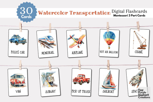 Watercolor Vehicle Transportation Flashcards | Preschool Montessori Cards Digital Pattern Fine Purple Elephant Creations 
