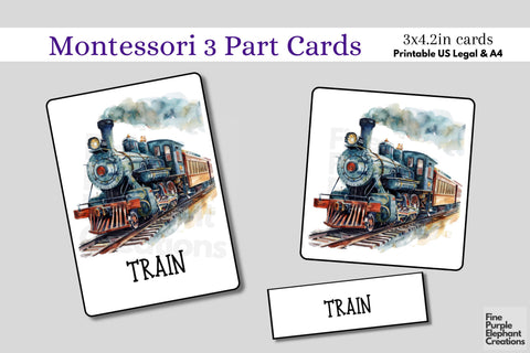 Watercolor Vehicle Transportation Flashcards | Preschool Montessori Cards Digital Pattern Fine Purple Elephant Creations 