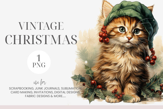 Watercolor Vintage Christmas Cat Clipart Sublimation BijouBay 