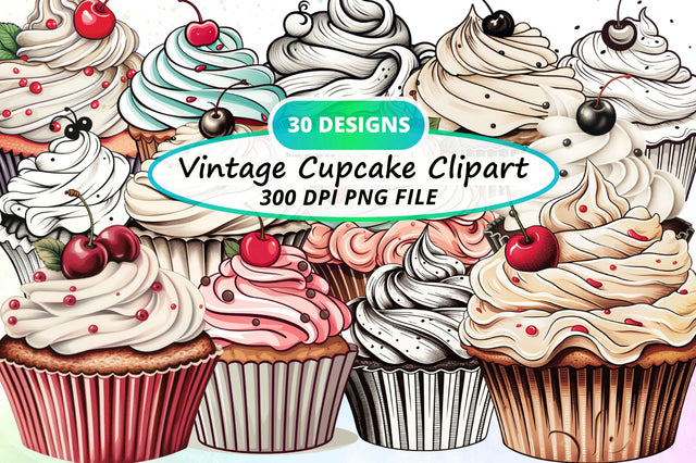 Watercolor Vintage Cupcake Clipart Bundle Sublimation Regulrcrative 