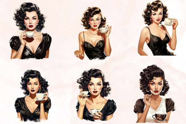 Watercolor Vintage Pin Up Black Coffee Girl Bundle Sublimation Designangry 