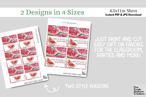 Watercolor Watermelon Fruit Printable Treat Bag Topper Card - Favor End School Digital Pattern Fine Purple Elephant Creations 