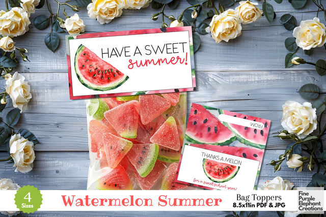 Watercolor Watermelon Fruit Printable Treat Bag Topper Card - Favor End School Digital Pattern Fine Purple Elephant Creations 