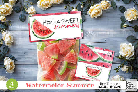 Watercolor Watermelon Fruit Printable Treat Bag Topper Card - Favor End School Digital Pattern Fine Purple Elephant Creations 