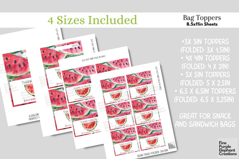 Watercolor Watermelon Fruit Printable Treat Bag Topper Card - Favor End School Digital Pattern Fine Purple Elephant Creations 