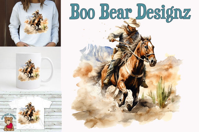 Watercolor Western Cowboy Clipart Sublimation Boo Bear Designz 