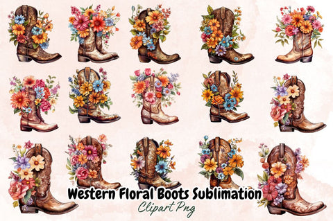 Watercolor Western Floral Boots Sublimation Clipart Bundle Sublimation Designangry 