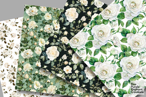 Watercolor White Rose Flower Digital Paper | Elegant Delicate Wedding Digital Pattern Fine Purple Elephant Creations 