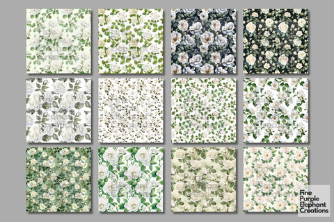 Watercolor White Rose Flower Digital Paper | Elegant Delicate Wedding Digital Pattern Fine Purple Elephant Creations 