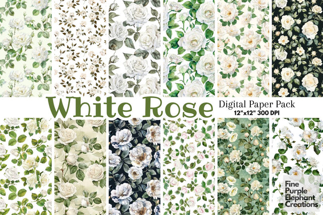 Watercolor White Rose Flower Digital Paper | Elegant Delicate Wedding Digital Pattern Fine Purple Elephant Creations 