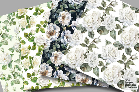 Watercolor White Rose Flower Digital Paper | Elegant Delicate Wedding Digital Pattern Fine Purple Elephant Creations 