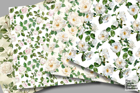 Watercolor White Rose Flower Digital Paper | Elegant Delicate Wedding Digital Pattern Fine Purple Elephant Creations 