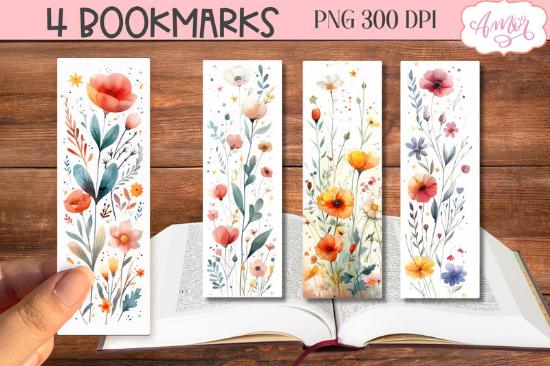 Watercolor wildflowers bookmark PNG printable | 4 PNG Sublimation Amorclipart 