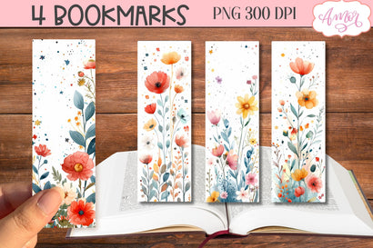 Watercolor wildflowers bookmark PNG printable | 4 PNG Sublimation Amorclipart 