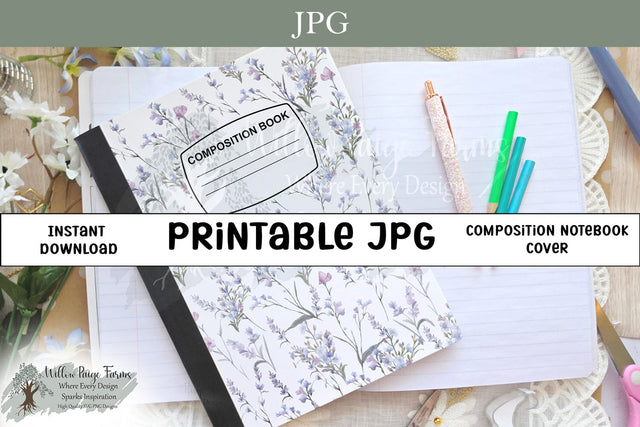 Watercolor Wildflowers Notebook Cover Printable – Hand-Drawn Floral Design – 6.9" x 10" JPG for 7.5" x 9.75" Composition Notebook – Botanical Nature Aesthetic – 300 DPI Sublimation Willow Paige Farms 