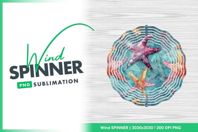 Watercolor Wind Spinner Round Png with Starfish and Ocean Theme Sublimation Regulrcrative 