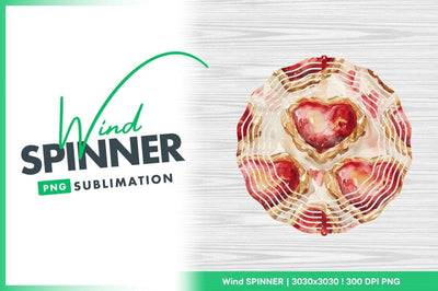 Watercolor Wind Spinner with Heart Shapes and Gold Accents on White Wood Grain Sublimation Regulrcrative 