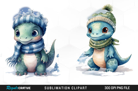 Watercolor Winter Baby Dinosaur Clipart Bundle Sublimation Regulrcrative 