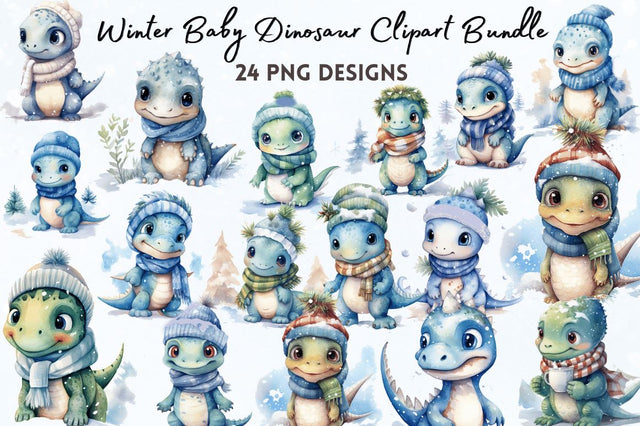 Watercolor Winter Baby Dinosaur Clipart Bundle Sublimation Regulrcrative 