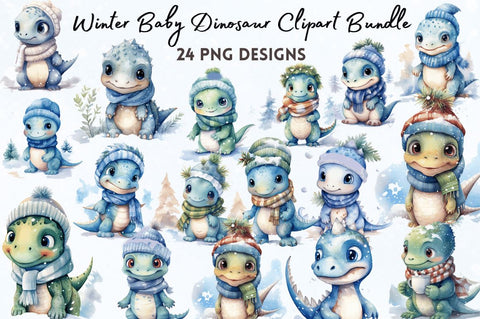 Watercolor Winter Baby Dinosaur Clipart Bundle Sublimation Regulrcrative 