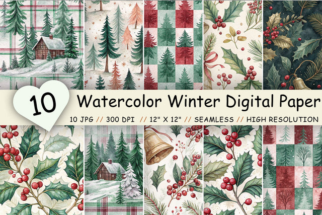 Watercolor Winter Digital Paper Pack, Seamless Pattern Bundle, Printable Scrapbook Paper, Cozy Red Green Design Collection Digital Pattern FloridPrintables 
